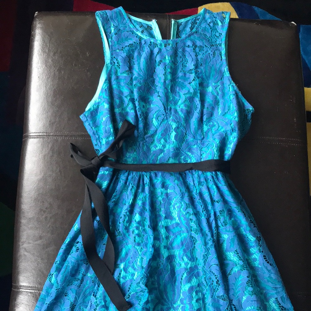 Blue green fit-and-flare lace dress